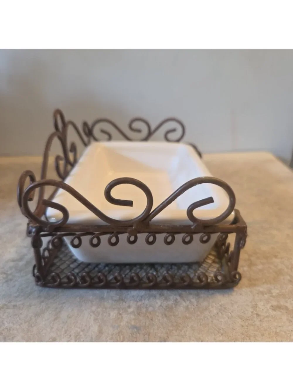 White Ceramic Soap Dish with Wrought Iron Holder Scrolled Brown Metal EUC